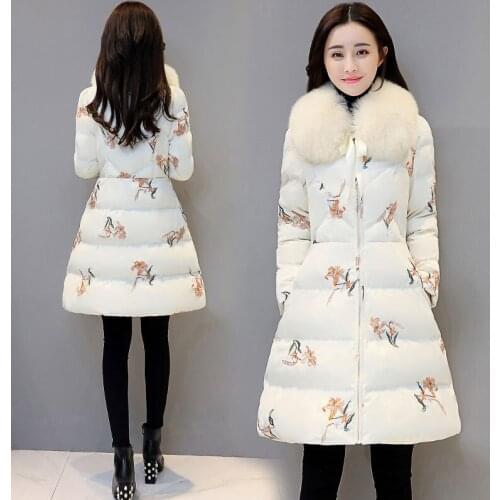 Winter new Korean style temperament lady fashion elegant printing long style cotton dress female 2018 down coats 90157