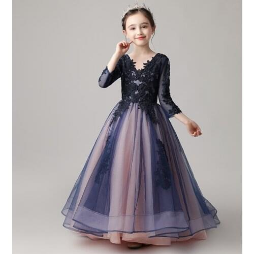 Flower Girl Dresses Princess Embroidery Ruched Train V-Neck Luxury Dark Blue Full Floor-Length Lace Tulle Kids Party Skirt H050