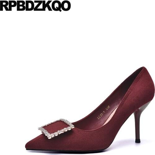 Luxury Women Shoes Pointed Toe Stiletto Wedding Rhinestone 3 Inch Crystal Slip On Suede Thin Diamond Wine Red Pumps High Heels