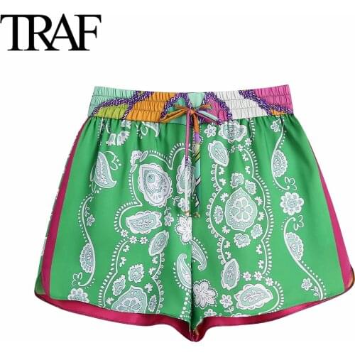 Traf Za Women Clothes 2021 Summer Mini Short Sexy Print Shorts Chic Fashion Ladies Shorts Hot Pants High Waist Wide Leg Shorts