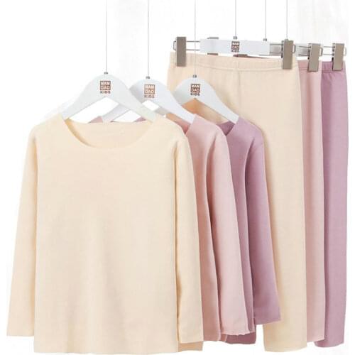 Spring Fall Autumn Winter Girls Pajamas Seamless Sleepwear Thermal Long Sleeve Children Solid Loungewear Kids Top and Pants