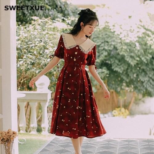 SWEETXUE Printed French Vintage Dress Summer New Peter Pan Collar Hot Sale 2021 Women