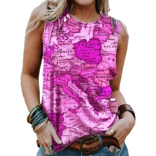Sexy Women Vest T-shirt Map Print O Neck Summer Sleeveless Female Tanks Tee Shirt Loose Plus Size Women T-shirt Top 2021