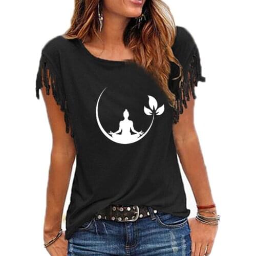 Women T Shirt Meditation Room Buddhist Zen Summer FUNNY T SHIRTS Print O Neck Cotton Tassel Short Sleeve O-neck Casual Tees
