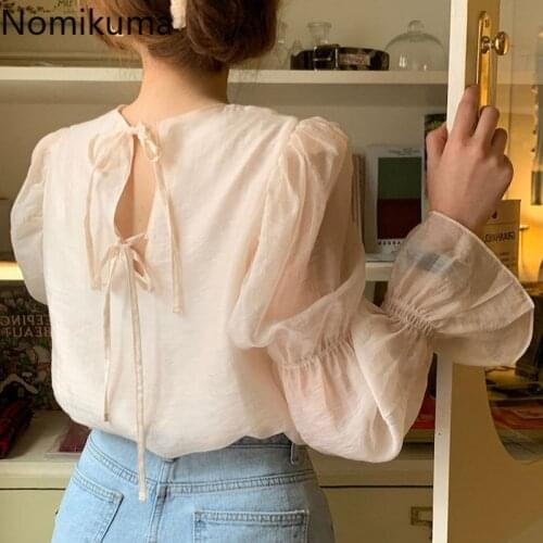 Nomikuma Women Shirt 2021 Spring Korean Chic Puff Sleeve Blouse Causal Back Bow Tie Sweet Pullover Top Blusas Feminimos 6F110