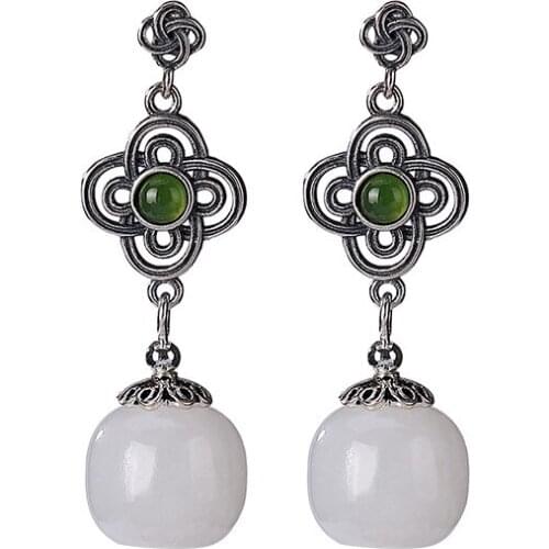 925 sterling silver natural Hetian white jade barrel beads stud earrings vintage distressed Chinese knot womens elegant eardrop