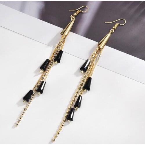 Bohemian Fashion Crystal Gold Drop Earrings Alloy Tassel Black Beads Statement Women Jewelry Party Gift Boho Long Dangle Earring