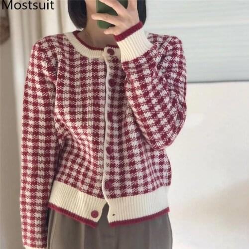 Plaid Knitted Cardigan Sweater Women Full Sleeve O-neck Single Breasted Knitwear Tops Korean Vintage Female Jumpers 2021