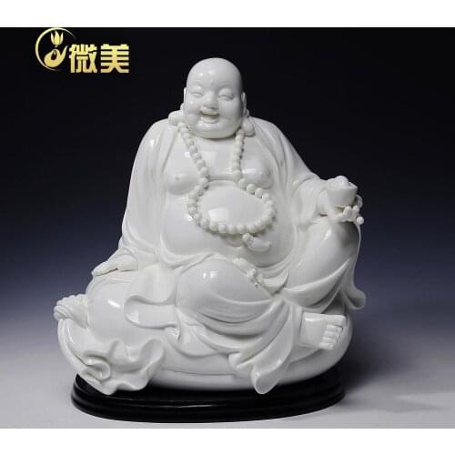 Dehua white porcelain 13 inch tuobao bag sitting Buddha Maitreya mascot ceramic handicrafts desk store