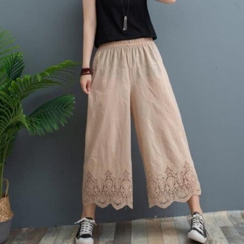 Spring Summer Literature Art Hollow Lace Cotton Wide-Leg Pants Loose Casual Pants Retro Embroidered Pants Women