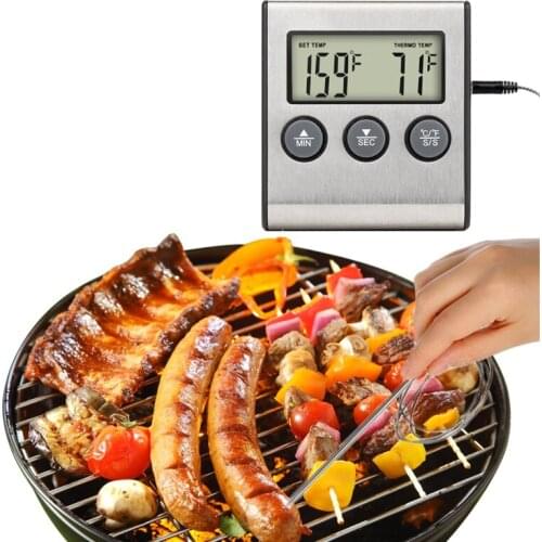 Digital Kitchen Thermometer Oven Food Cooking Meat BBQ Steel Probe Countdown Timer Water Milk Temperature Set Sound Alarm Tools