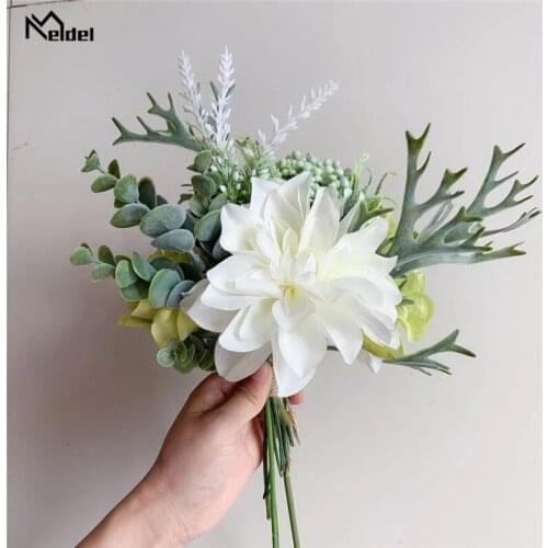 Meldel Bridal Bouquet Artificial Flower Silk Rose Hydrangea Orchid Lavender Dahlia Eucalyptus Leaf Staghorn Fern Wedding Bouquet