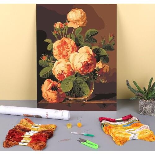 Flower Vase Printed Fabric 11CT Cross-Stitch DIY Embroidery Patterns DMC Threads Hobby Handiwork Painting Sewing Magic Decor