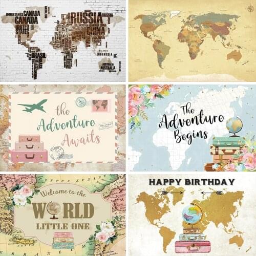 Laeacco White Brick Wall Vinyl Photography Backdrops Drawing World Maps Children Baby Shower Photo Studio Backgrounds Photocall