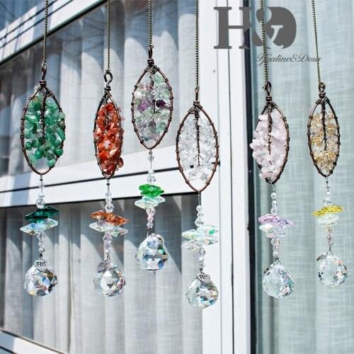 H&D 6Pcs Crystal Rainbow Suncatcher Tree Of Life Pendants Hanging Chakra Colors Glass Crafts For Home Window Wedding Car Party