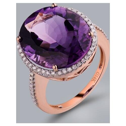 Purple Amethyst Gemstone Ring Natural Diamond 14K Rose Gold Oval Cut 15x18mm R0014