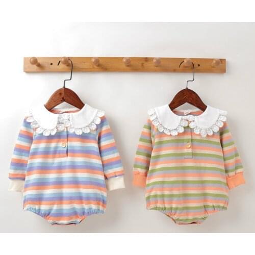 Baby Girl Winter Clothes Cotton Long Sleeve Lace Flower Turn-down Collar Rainbow Striped Baby Romper Cute Baby Jumpsuits 6-18M