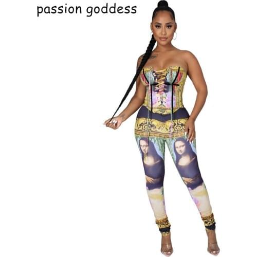 Summer Sleeveless Strapless Sexy 2 Two Piece Matching Sets Women Bandage Bodycon Slim Crop Top Mona Lisa Print Long Pencil Pants