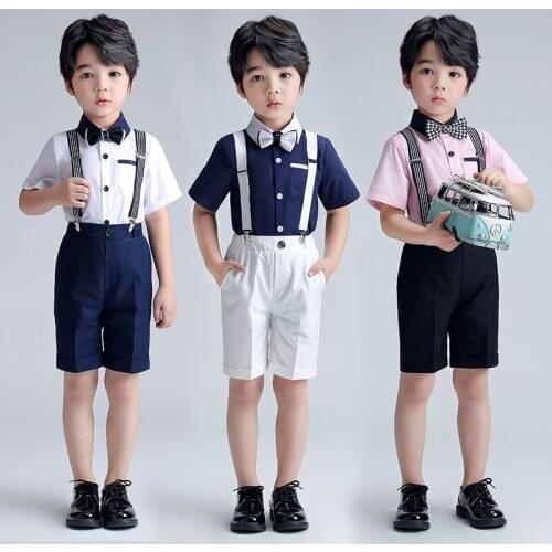 Childrens Clothing Sets 2-9 Y Baby Boys Korean Formal Suits Lapel Short Sleeve Shirts Suspender Shorts Tie Boys Costume Sets