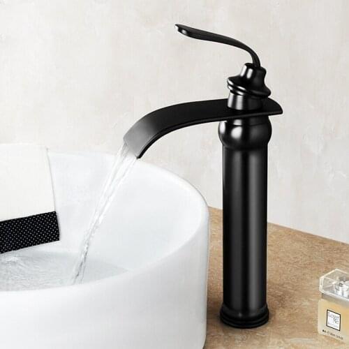 Basin Faucet Brass Sink Mixer Tap Bathroom Hot & Cold Waterfall Faucet Single Handle Black Oil Brushed Water Crane Lavatory Tap