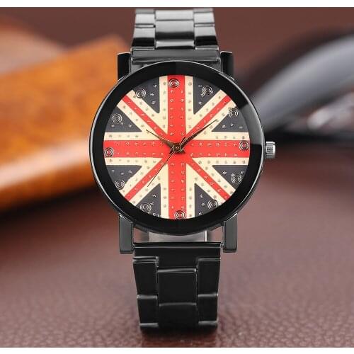 Men Women Quartz Wrist Watch Rhinestone Bling UK Flag Pattern Round Dial Casual Black Stainless Steel Band Ladies Dress