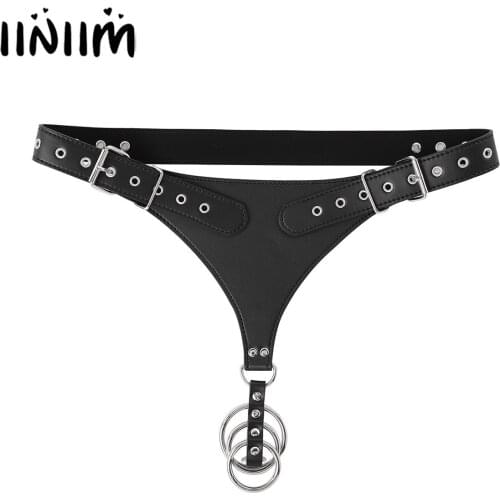Iiniim Mens Gay PU Leather Harness Sissy Gay Panties Lingerie Underwear Underpants Buckle Penis O-ring Crotchless Briefs Thong