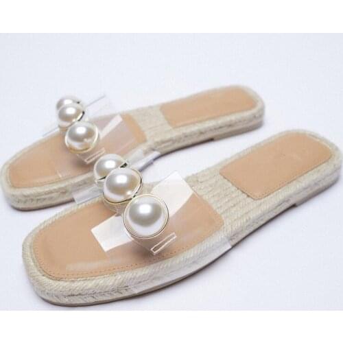 Low Flat Shoes Female Ladies' Slippers Slipers Women String Bead Transparent Heel 2021 PVC Rubber Basic Scandals PU Fretwork Sli