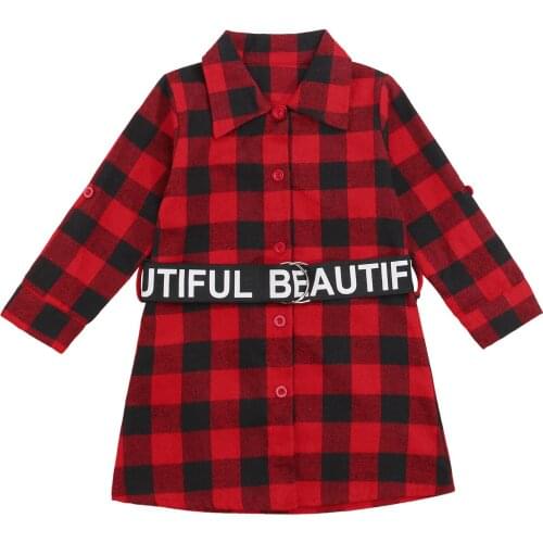 Toddler Girls Autumn Clothes Casual Dress Kid Girls Fashion Letter Print Waist Belt+Plaid Long Sleeves Shirt Dress Outfits
