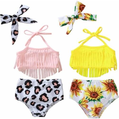 0-3Y Infant Baby Girl Swimsuit Bikini Sets Sling No-Sleeve Tassels Split Hem Tops Fashion Printed Shorts Girls Beach Clothes