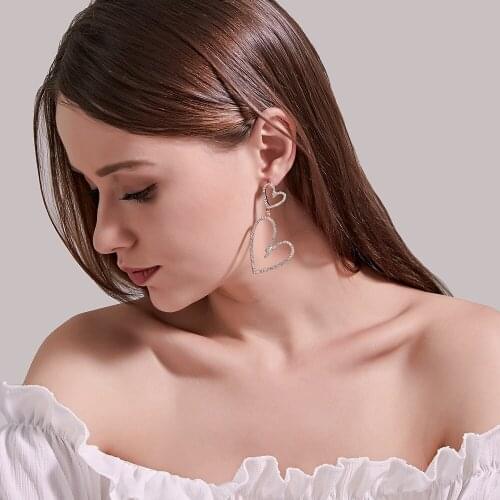 Hollow Double Heart-Shape Starry Bling White Rhinestone Golden Silver Plated Alloy Drop Dangle Earrings for Women