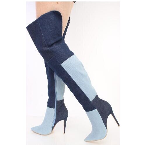 Drop Shipping Woman Blue Patchwork Jeans V-shaped Back Pointed Toe Long Boots Stiletto Heels Over The Knee Boots Botas Lady