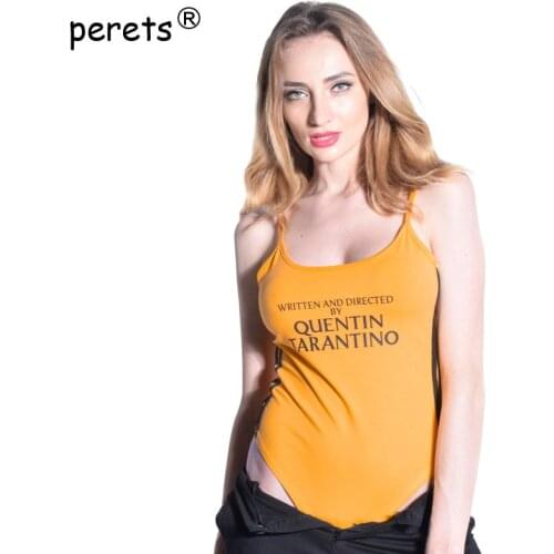 QUENTIN TARANTINO Letter Print Bodysuit Women Sleeveless Striped Bandage Overalls 2020 Summer Yellow Rompers Bodycon Bodysuit
