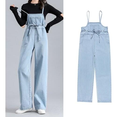 Plus Size Wide Leg Jeans Jumpsuit Women 2021 Spring Summer Korean Fashion Lace-up Suspenders Kawaii Front Pocket Denim Overalls