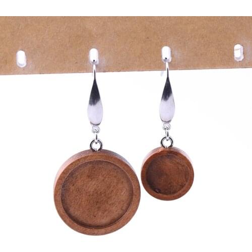 Reidgaller 5 pairs brown wood cabochon earring base 12mm 20mm dia blank bezel settings diy stainless steel ear wire hooks