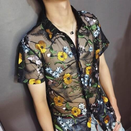 Luxe Mesh Transparent Shirt Summer Short Sleeve Shirt Flower Lace Shirt Embroidery See Through Sexy Shirt Men Chemise Homme
