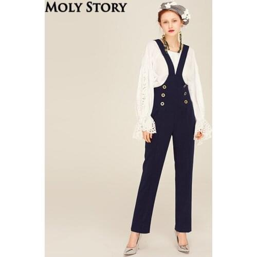 Super! Vintage Ladies Button Overalls Women Romper Wide Leg Jumpsuit for Women Loose Pants Navy Trousers Salopette Femme