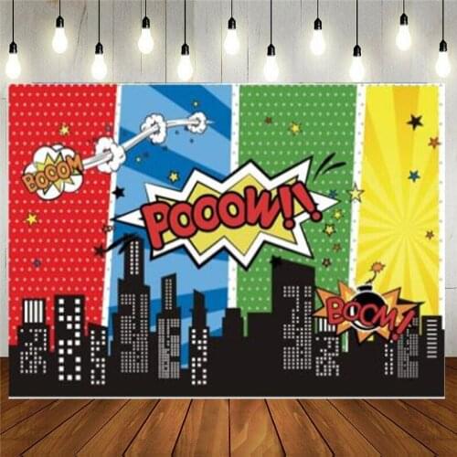 Superhero Birthday Photo Backdrop Cityscape Cartoon Party Supplies Decorations For Boys Or Girls Newborn Baby Shower Banner