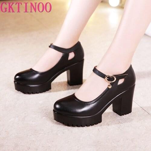 GKTINOO Autumn Square Heels Platform Pumps Leather High Heels Elegant Office Lady Pumps Sexy Round Toe Party Shoes Women