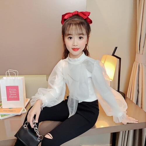 Girls Spring Autumn 2021 New Solid Color Gauze Childrens Bottoming Shirt Big Childrens Long-Sleeved Top