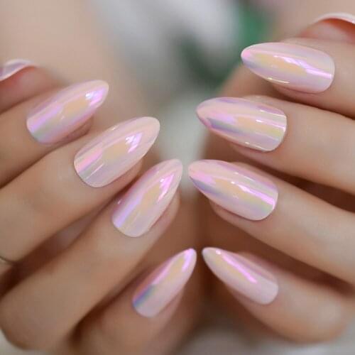 Mirror Medium Stiletto Nails Fingernails Light Pink Chrome Nail Tips Holographic Chameleon Metal Effect Nails EchiQnails Holo