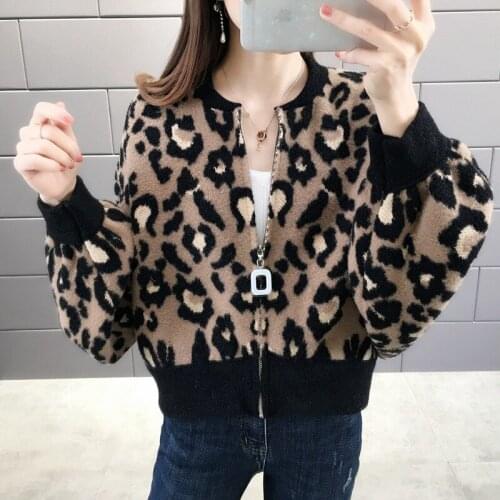 Autumn Spring Leopard Woman Cardigans O-Neck Lantern Sleeve Female Sweater with Zipper Casual Short Ladies Cardigan for Outwear