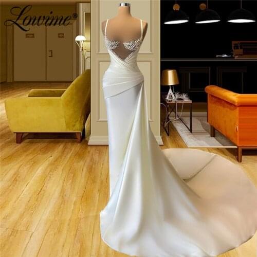 Lowime Customized Pearls Long Prom Dresses Arabic Party Gowns For Weddings Plus Size Mermaid With Train Satin Evening Dress Robe