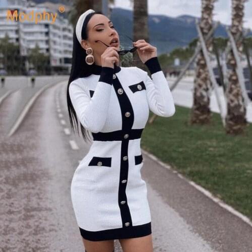 2020 Autumn New Fashion Ladies Dress Sexy Long Sleeve Button Stitching Bodycon Mini Dress Women Club Evening Party Vestidos
