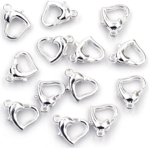 20Pcs Lobster Clasps Heart Shape Love Zinc Metal Alloy Silver Plated For Charms Necklaces Jewelry DIY Findings 14x9mm