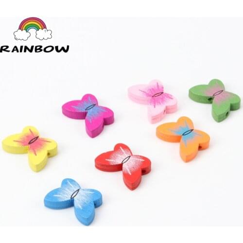 Mixed Colours Cartoon Butterfly Pattern Shape Wooden Material Spacer Beads For Children Jewelry Making DIY 19x15mm 50pcs