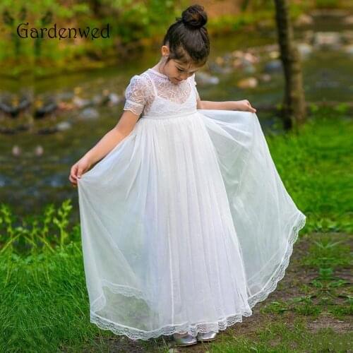 2019 New White Flower Girl Dresses For Weddings Jewel Short Lace Sleeve Child Birthday Party Gowns Girls Pageant Dress
