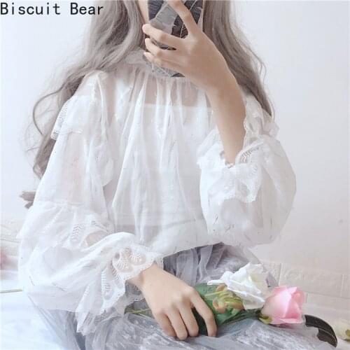 Japanese Lolita Style Spring Autumn Women Blouse White Pink Shiny Ruffles Female Blusa Cute Kawaii 2 Pcs Chiffon Shirt With Lace