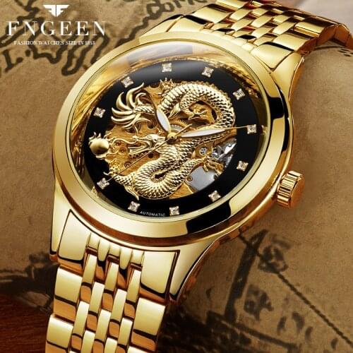 FNGEEN Skeleton Stainless Steel Strap Transparent Case Hollow Gold Mens Watches Top Brand Luxury Automatic Mechanical Clock