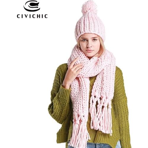 CIVICHIC 7 Colors High Quality Handmade Scarf Hat Two Piece Set Crochet Tassel Twist Long Thicken Warm Shawl Chic Headwear SH105