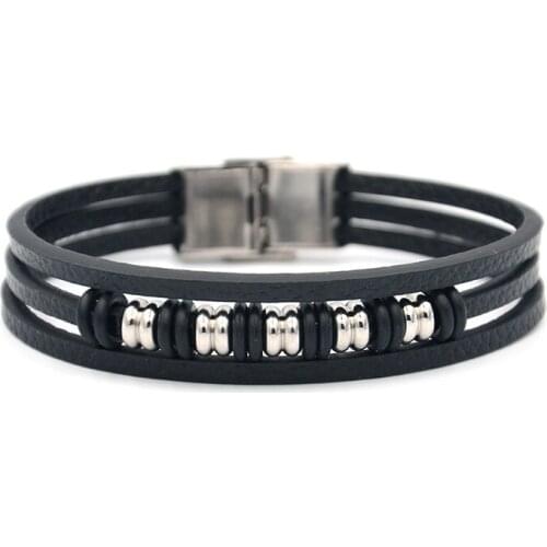 JUNWEI Mens Stainless Steel Bracelet Multi-Layer Black Leather Bracelet Alloy Geometric Bead Punk Style Jewelry